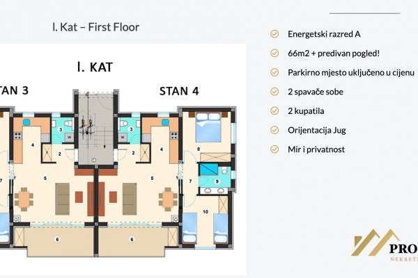 Stan u Sukošanu novogradnja, prvi kat, 65.99 m2, 300 m od mora