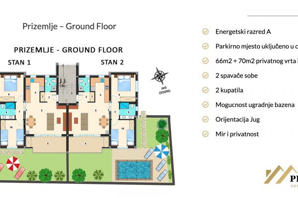 Apartment in Sukosan new building, ground floor, 65.99 m2, 300 m from the sea